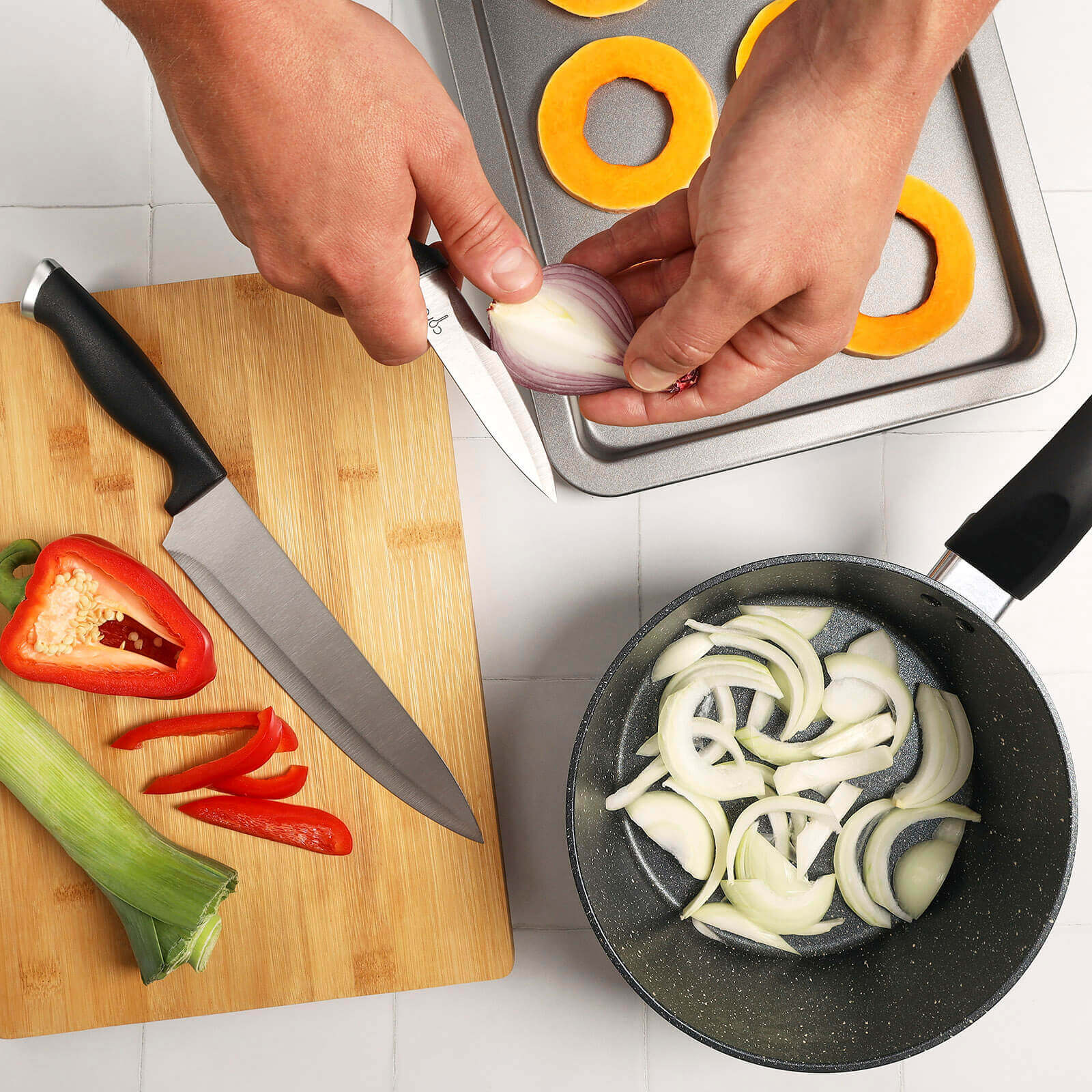 Knife & Bamboo Wood Chopping Board Set